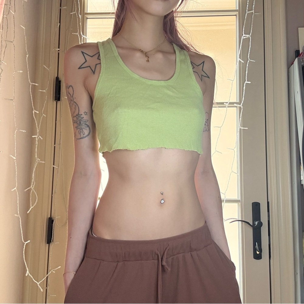 Kavio Light Green Ribbed Scoop Neck Cropped Tank Top